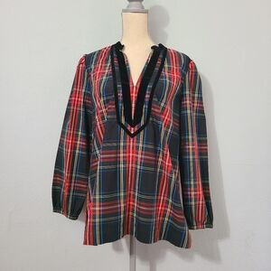 J Crew Velvet‎ Tunic Black Stewart Tartan Plaid Top Size Med
